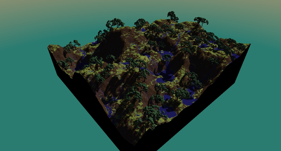 a screenshot of a procedurally generated foresty mountain